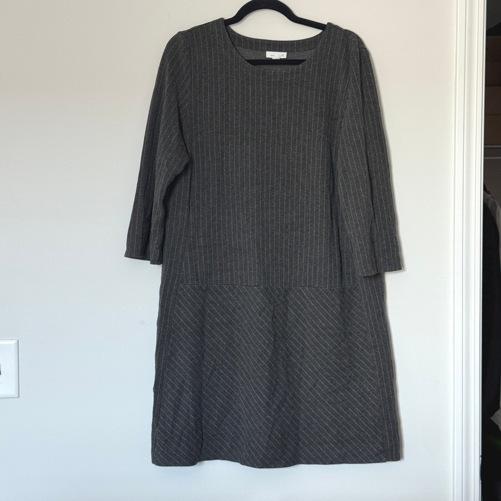 J. Jill Ponte 3/4 Sleeve Dress Gray White Pinstripe Business‎ Corporate Large